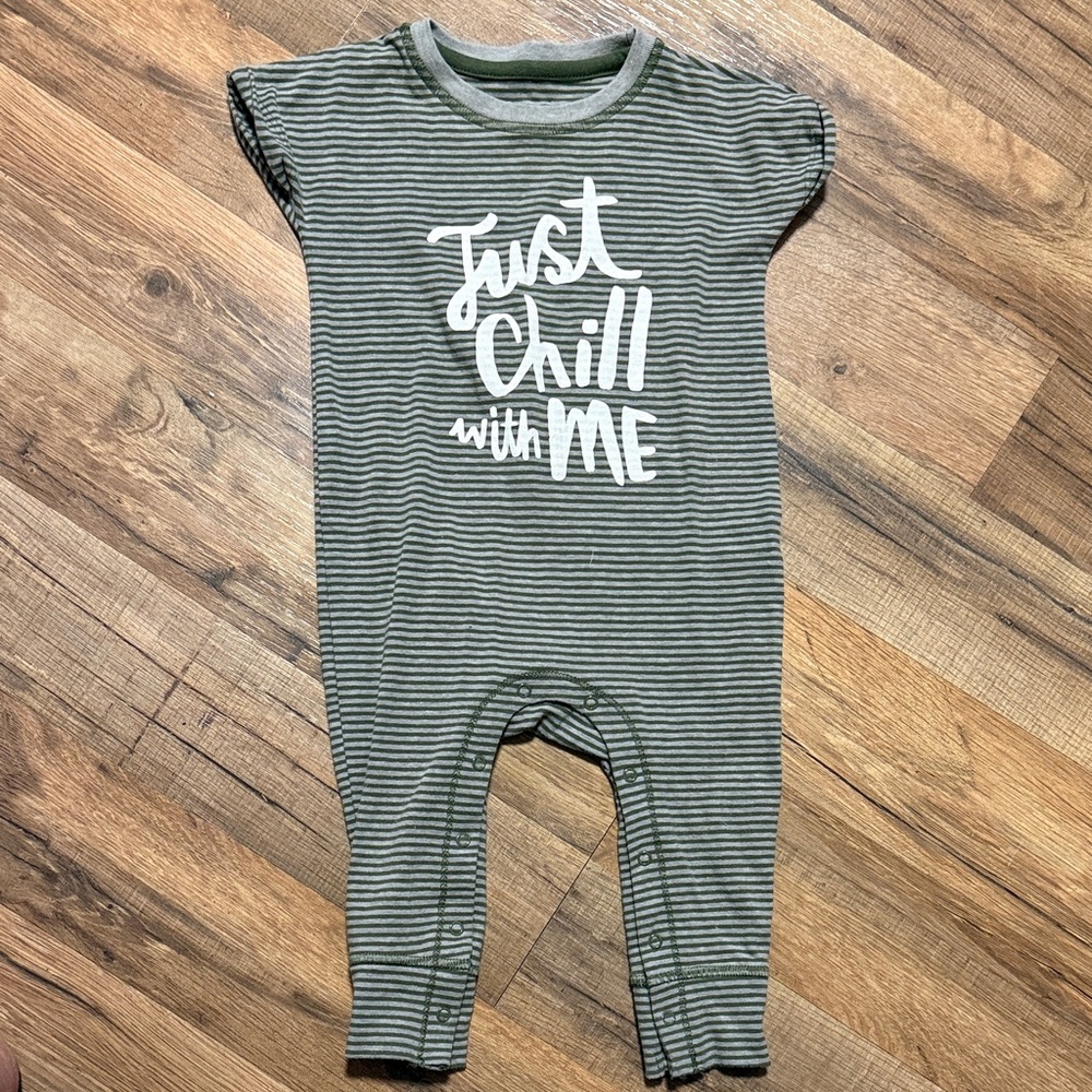 Green and Gray Striped Baby Romper with 'Just Chill with Me' Print